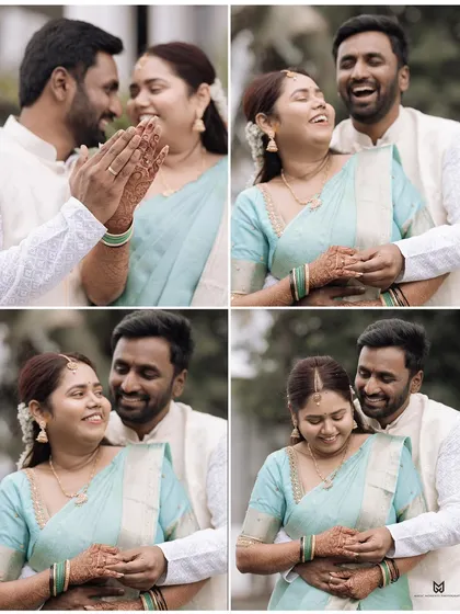 A collage of candid moments from Likith and Kusum's engagement ceremony. I focus on capturing the natural laughter and joy between the couple.