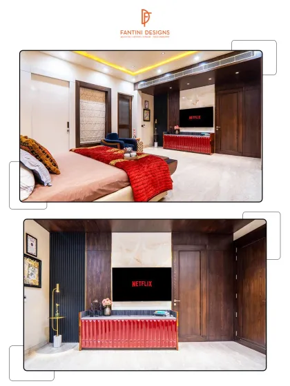 A collage showing a bedroom with a bold red TV console, dark wood paneling, and a cozy bed, creating a space that is both dramatic and inviting.