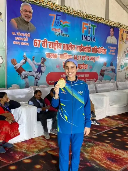 Sarwar Kaur proudly displays her Gold medal from the SGFI Nationals.