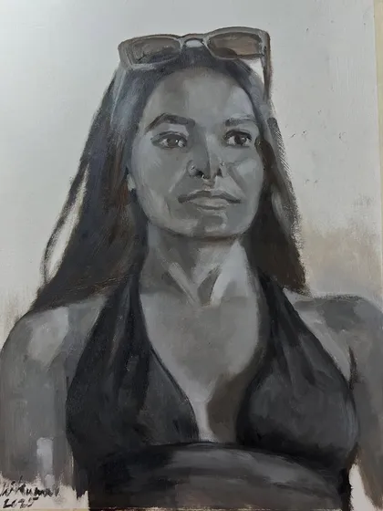 A Grisaille portrait study in oil, done from a reference of a fellow artist. This piece, on an A3 size mount board, is an exercise in understanding values.