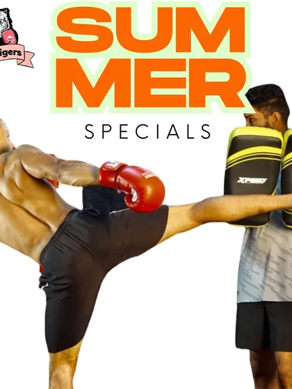 This graphic highlights our special focus on kickboxing training. It's one of the most effective ways to get in shape and learn to defend yourself.
