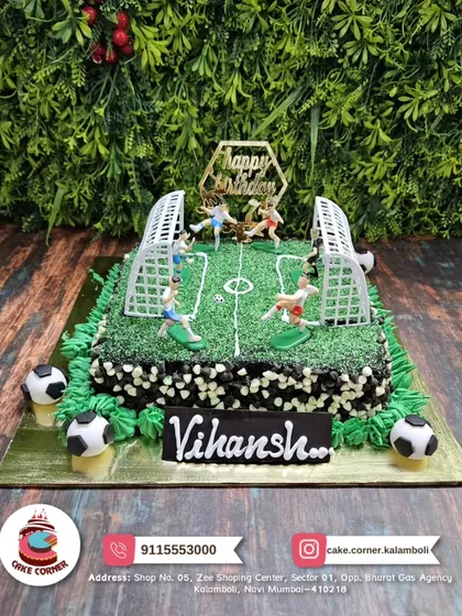A full football field cake for Vihansh. The detailed pitch with players and goals makes it an amazing centerpiece for a football-themed party.