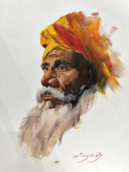 An oil portrait where the bright yellow turban is the hero. I love painting elderly faces; their expressions hold so much life and experience. This piece is a celebration of that wisdom and character.
