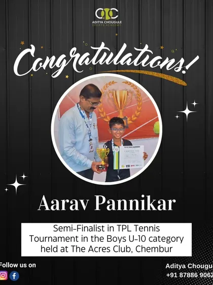 Huge congratulations to Aarav for reaching the semifinals in the Boys U-10 category at the TPL Tennis Tournament. His dedication and skill are truly inspiring.