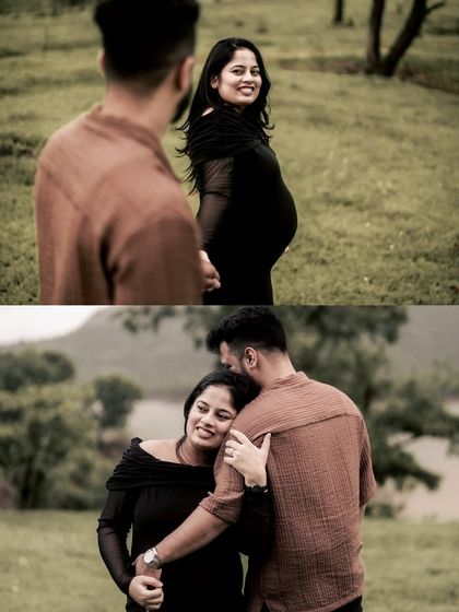 This collage pairs a "follow me" shot with a tender embrace, capturing both the playful and the intimate sides of the couple's relationship during their maternity journey.