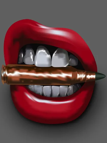 A high-detail digital painting representing the phrase 'biting the bullet'. This piece is about finding your strength and facing challenges head on. It's a bold, conceptual illustration that makes a strong statement.