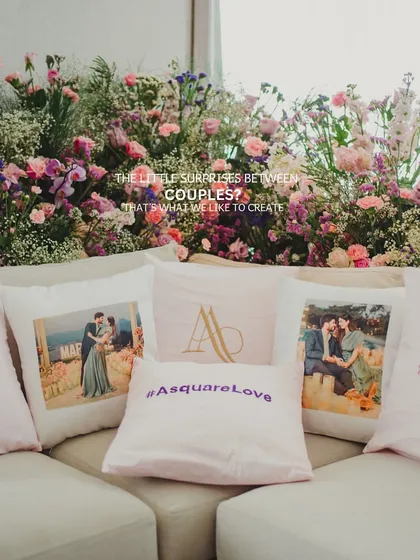 The little surprises between couples? That's what we love to create. These custom pillows, featuring the couple's photos and wedding hashtag, added a personal and cozy touch to the lounge seating.