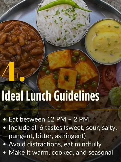 This is what an ideal lunch looks like in my program. A balanced thali with all six tastes, eaten mindfully between 12 PM and 2 PM when your digestion is strongest. It's about nourishing your body with warm, cooked, seasonal food, not just counting calories.