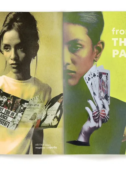 A magazine spread layout from the 'from the pages' project. This image combines portraiture with collage elements, exploring themes of identity and media influence in a visually layered format.