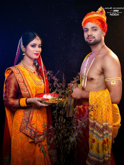 A classic portrait for Tulsi Vivah. The traditional attire and serene expressions are complemented by natural and elegant makeup.