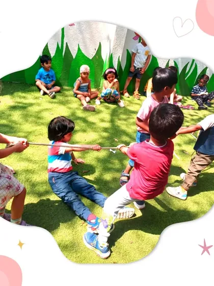 A great shot of teamwork in action during tug of war. Even in a competition, the focus is on fun, participation, and learning to work together.