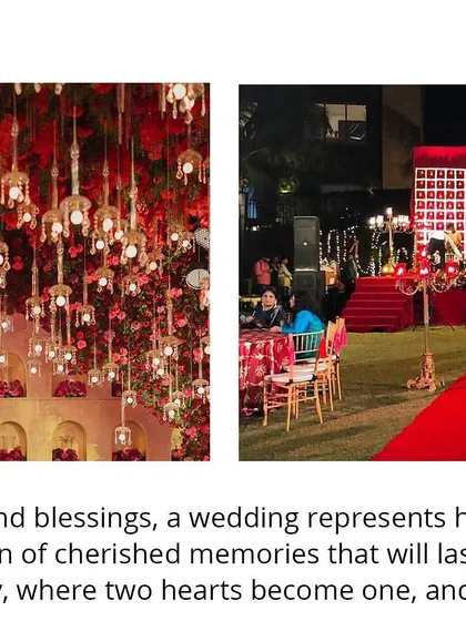 A wider view of the red-themed decor, showing the grand stage and the hanging floral installations with lights, creating a magical atmosphere.