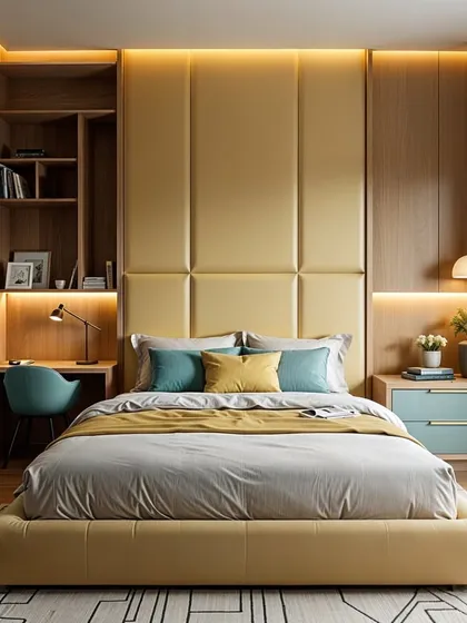 Another take on the teal and yellow combination, this time with a yellow upholstered headboard and teal wardrobes for a balanced, modern look.