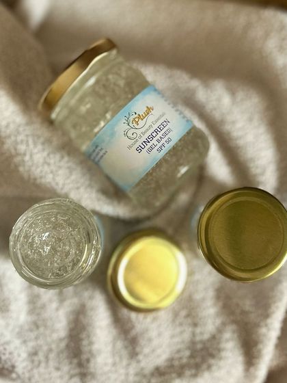 A top-down view of my SPF 50 gel sunscreen. You can see the lightweight, clear formula that glides onto the skin.