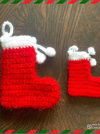 These mini crochet stockings are perfect as tree ornaments or for holding a small gift or candy cane. They come in two sizes for variety.