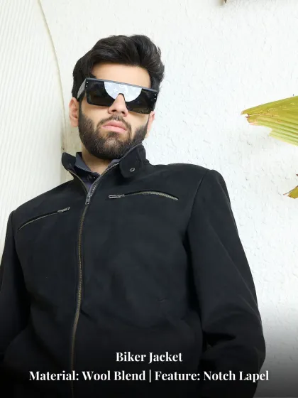 A graphic-enhanced look at the black wool-blend biker jacket, highlighting its key features like the notch lapel and soft material.