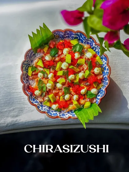 Our Mottainai Chirashizushi, a beautiful bowl that celebrates mindful indulgence by using delicate offcuts alongside luxurious sashimi.