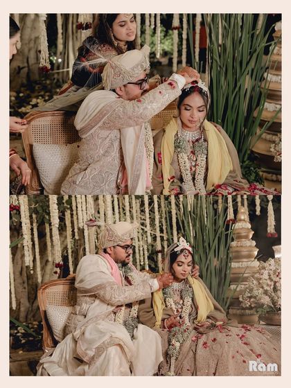 A collage of the wedding ceremony, showing the groom applying sindoor to the bride's forehead, a deeply symbolic and emotional moment.