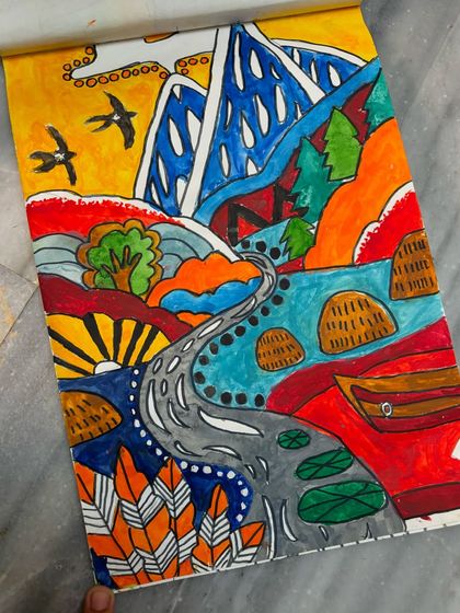 A close-up of a vibrant and imaginative landscape drawing, filled with bold colours and folk-art-inspired patterns. This piece shows a wonderful sense of creativity and design.