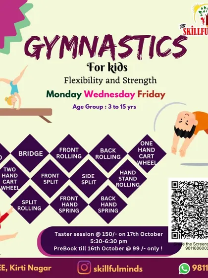 Our gymnastics program for kids aged 3 to 15 focuses on flexibility and strength. This poster outlines the skills they will learn, from handstands to back handsprings.
