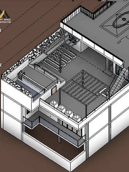 A detailed 3D sectional view of a multi-level home. This model shows the interior layout, including the double-height spaces and the terrace structure with its pergola and pool, giving the client a clear understanding of the internal volumes.