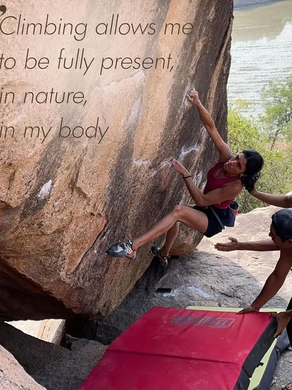 Our founder, Gowri, finds her focus on the rock. Climbing allows you to be fully present in your body and in nature, offering a powerful escape from stress.