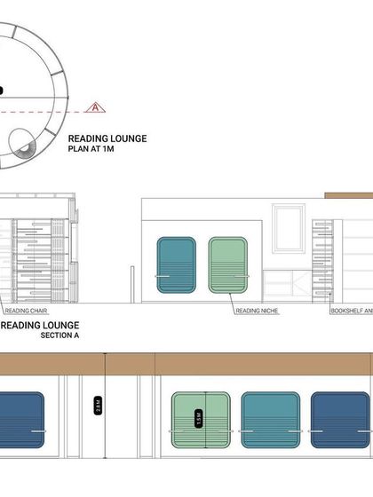 Orthographic drawings for the Reading Lounge in the 080 Lounge project. This sheet includes the plan, sections, and elevations, detailing the construction of the bookshelf, reading nooks, and seating pods.