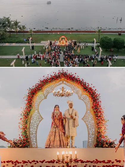 Your wedding venue is the stage for your story. Using our drone, we captured this incredible aerial view of Maheswari and Basu's lakeside ceremony, showcasing the grandeur of the location and the scale of their celebration.