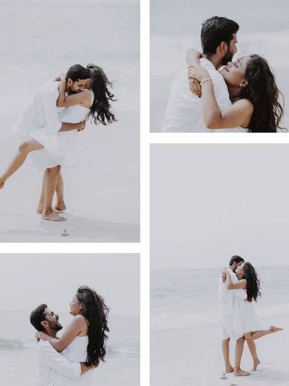 A collage of a couple's joyful and romantic embraces on a beautiful beach, dressed in white.