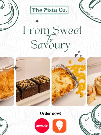 From sweet to savory, we have something for every craving. This collage displays our range, featuring a golden-baked savory pie, rich chocolate brownies, creamy baked pasta, and our famous cinnamon rolls, all ready for home delivery across Bengaluru.