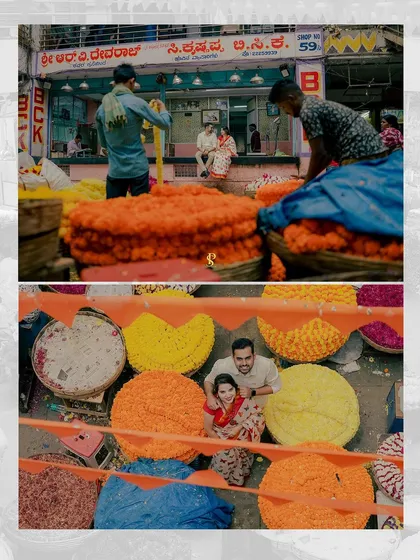 This collage contrasts a wide, high-angle shot of the couple surrounded by flowers with a candid shot of them browsing a local shop, telling a complete story of their market adventure.