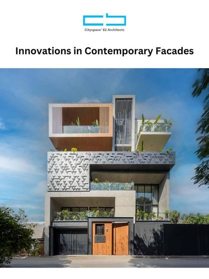 A title card for a series on innovations in contemporary facades. The image shows a building with a complex facade featuring 3D geometric patterns, wooden elements, and integrated greenery.