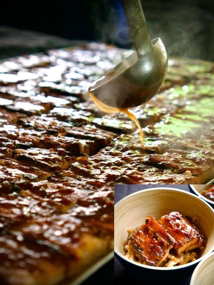 This collage shows the final steps of preparing a saucy, grilled meat dish. A ladle pours a rich glaze over the meat, which is then served in bowls, highlighting the delicious, messy-in-a-good-way appeal.