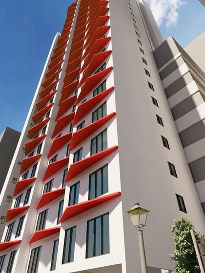 This image is part of our facade ideation series, exploring triangular red awnings as a primary design element. This study helps us visualize how geometric shapes and bold color can define a building's identity.
