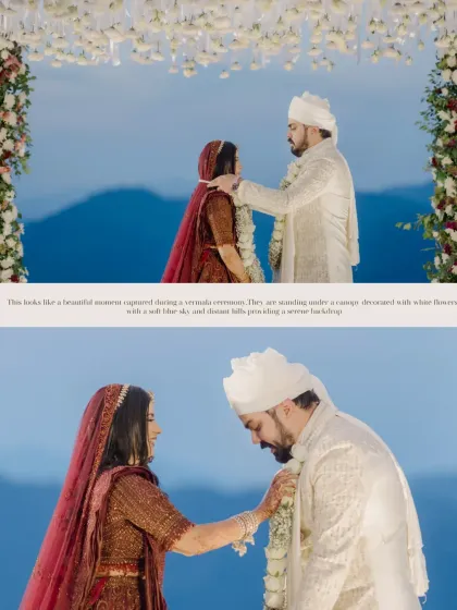 Two frames capturing the gentle, respectful moments of the Varmala ceremony. The mountain backdrop adds a sense of serenity and grandeur to this sacred ritual.