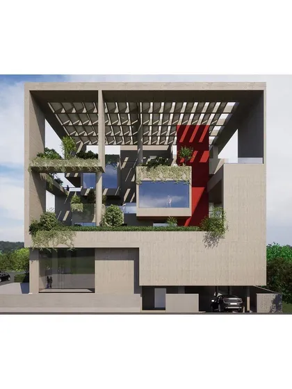 This view of the "Bounding Box" iteration shows the depth and complexity of the facade. The interplay of volumes creates shaded outdoor areas and provides uncluttered views from the living spaces.