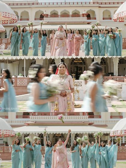 A fun and energetic collage of the bride and her bridesmaids celebrating together, tossing their bouquets in the air at the Jai Mahal Palace.