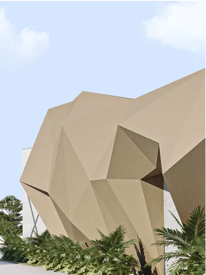 The parametric array on this facade calibrates stiffness and reduces weight, creating an unmistakable silhouette against the subdued field of insulated panels. It is geometry that is modern and purposeful.