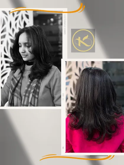 This collage shows a client with a fresh, medium-length layered haircut. The layers add volume and movement, creating a soft and flattering shape.