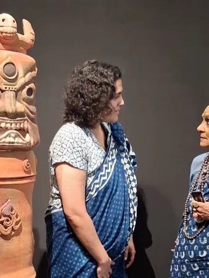 Standing beside my 'Navrasa Stambh' sculpture with a dear friend and mentor. It was a joy to share this moment at the exhibition opening, surrounded by the community that makes this work possible.