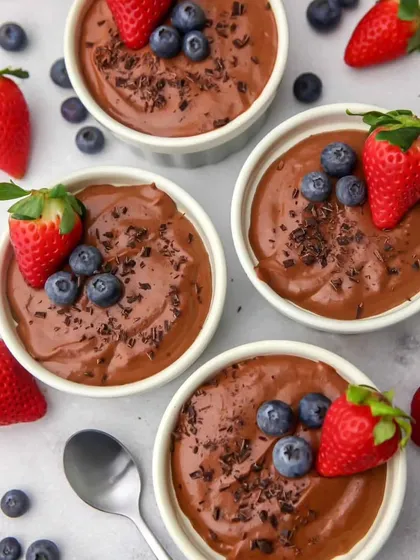 A healthy yet decadent dessert. Our Silken Tofu Chocolate Mousse is rich, creamy, and topped with fresh berries.