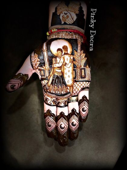 The fully shaded and detailed version of the Karwa Chauth couple portrait. The dark background makes the figures pop.