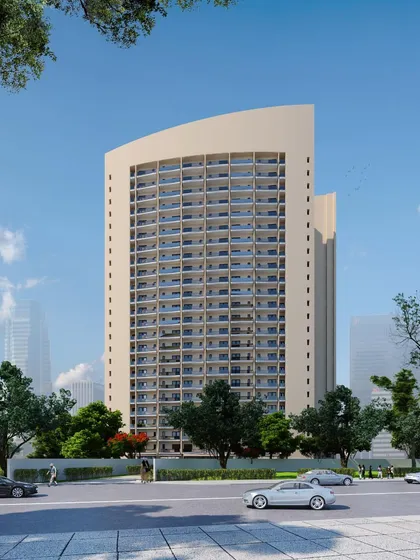 This render showcases an upcoming studio apartment building in Noida, designed for modern urban living. The distinctive curved facade creates a dynamic presence while ensuring each apartment is filled with light and space.