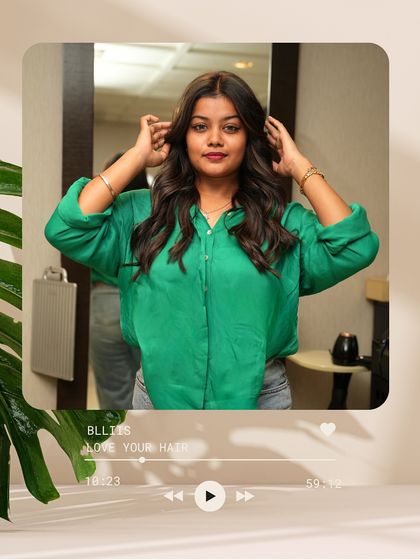 The final reveal. A gorgeous hair transformation featuring a global color base and strategically placed highlights, styled into soft waves to showcase the multi-tonal beauty.