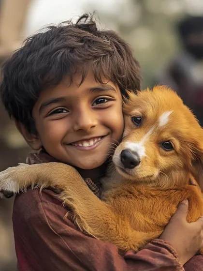 A beautiful image of a child and a puppy sharing a hug, capturing a moment of pure, innocent friendship.
