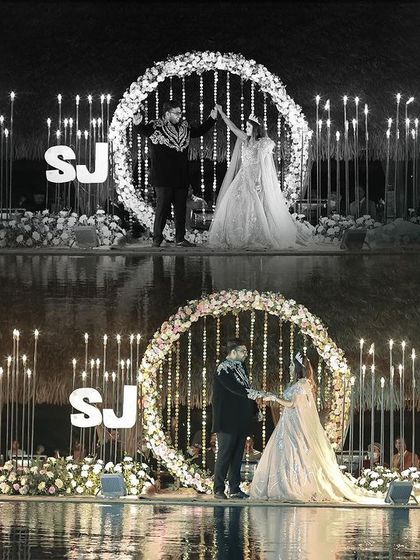 A stunning collage from a Sangeet or engagement night, showing the couple's dance performance on a beautifully lit stage with pyrotechnics. The black and white edits add a timeless, artistic touch.