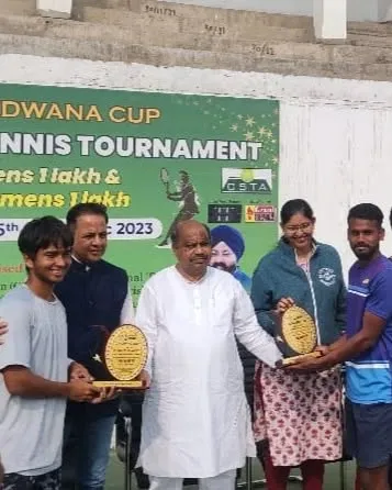 NTC duo Cahir Warik and Anand Prakash Gupta during the prize distribution ceremony after winning the Men's Doubles title at the AITA 1 Lac tournament in Raipur.