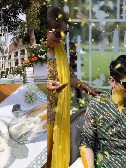 A collage of moments from a sun-drenched Haldi ceremony, capturing the laughter, the colours, and the glowing couple.