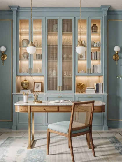 A work/study area designed to inspire. The calming blue color sharpens focus, while gold details add a touch of ambition.