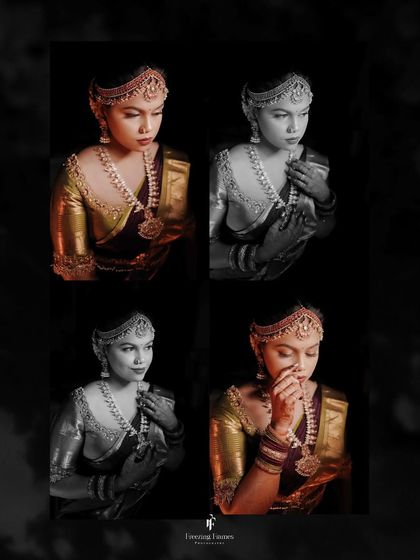 A four-panel collage in both color and black and white, showing the bride's contemplative and elegant poses.